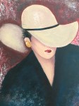 Upper torso image of a woman wearing a heavy coat and a brimmed hat that hides her eyes. 